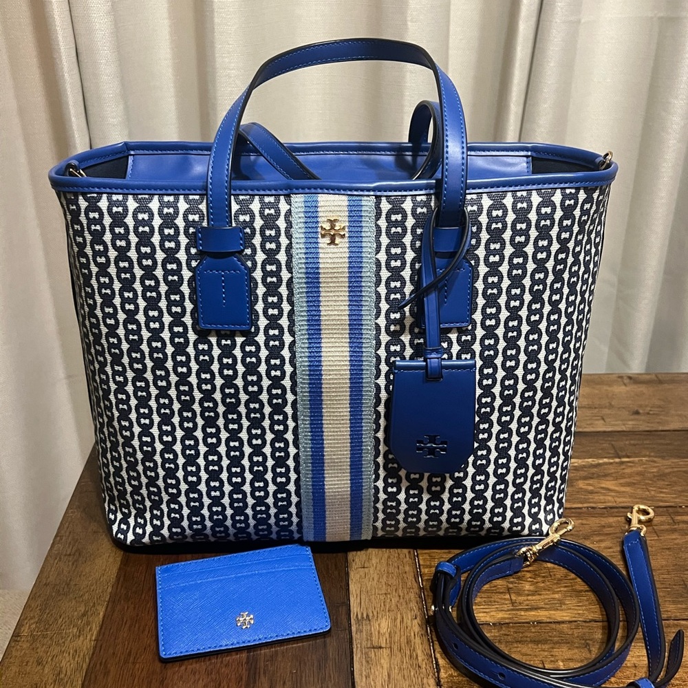 Tory Burch Blue and Black Geometric Tote